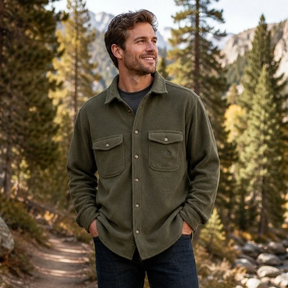 The North Face Fleece Shirt Jacket Shacket Mens M Olive Green Button